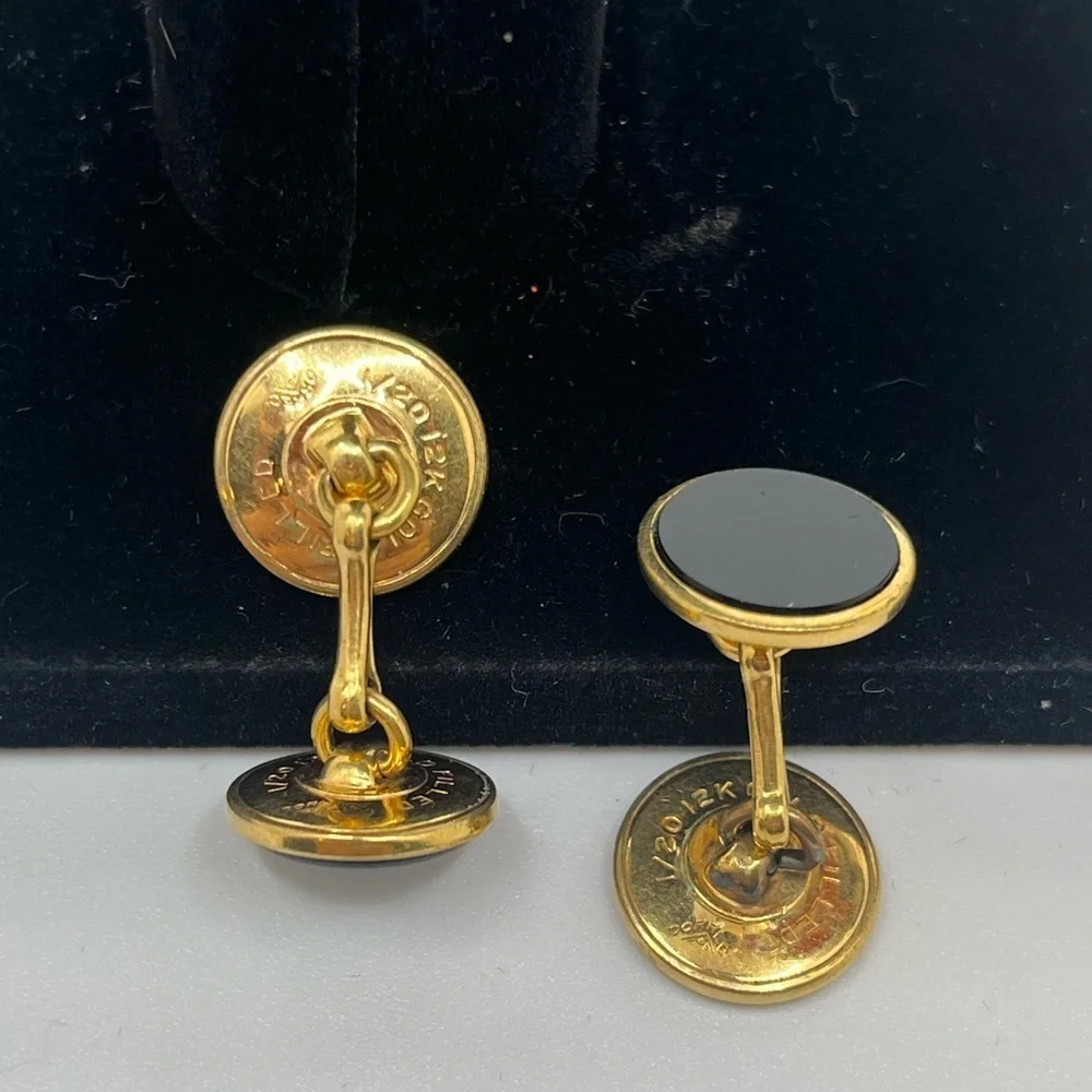 Gold and Black Round cufflinks marked 12k gold filled. Vintage 1950’s